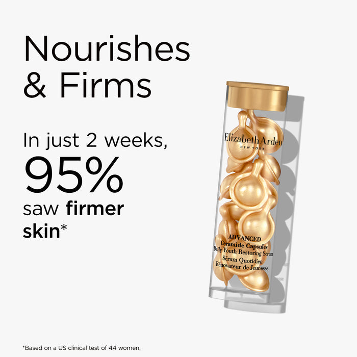 Elizabeth Arden skincare product with text highlighting skin firming benefits on a white background