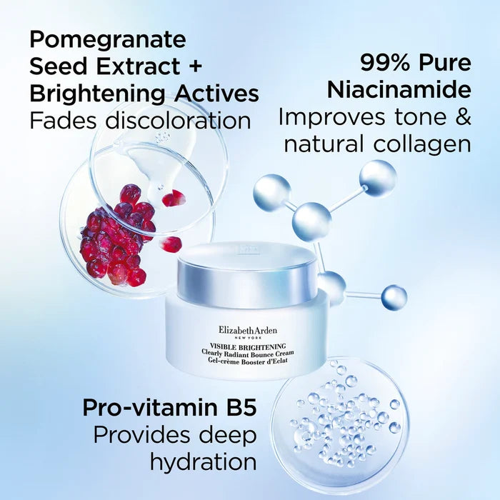 Cosmetic product with ingredients listed on a light blue background