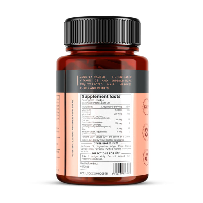 Vitamin D3 5000IU + K2 200mcg + 460mg Calcium, Magnesium and Zinc x 90 softgels