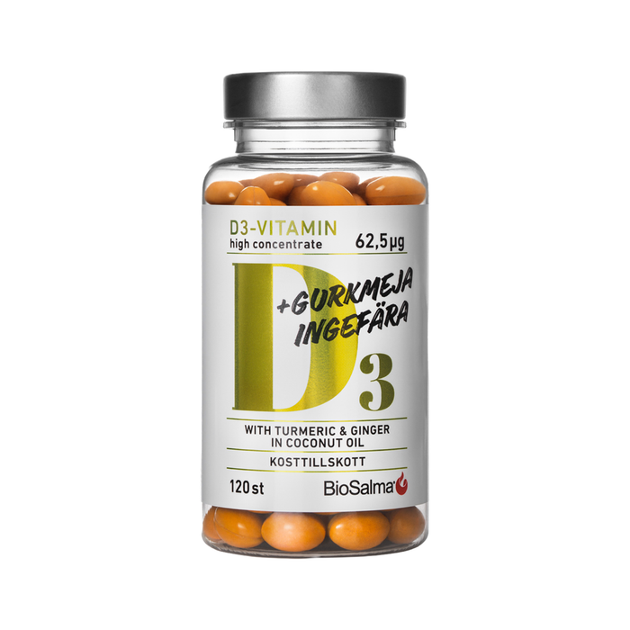 Vitaminas D3 2500 IU su ciberžole ir imbieriu — kaulų sveikata, imunitetas, antiinfliamatinis, kokosaliejuje, 120 kapsulių