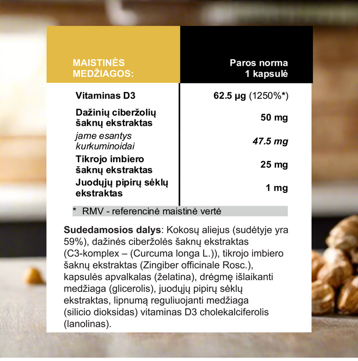 Vitaminas D3 (2500TV) + Ciberžolė, Imbieras ir Pipirai 120 kapsulių – nuotrauka 2