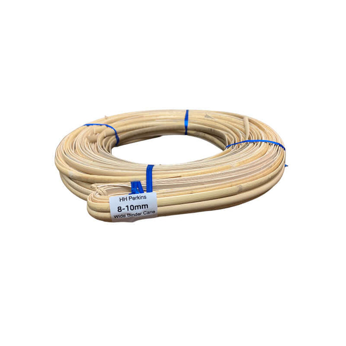 8-10mm Slab Binder Cane Coil viewed from above. HH Perkins product tag reading 8-10mm Wide Binder Cane.